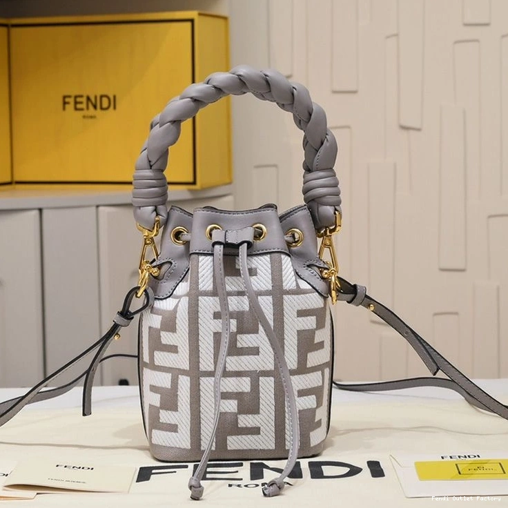 Vintage HOT Tresor Mon Grey Bag Fendi Canvas FF Motif Bucket with In Handle Woven Mini 0813